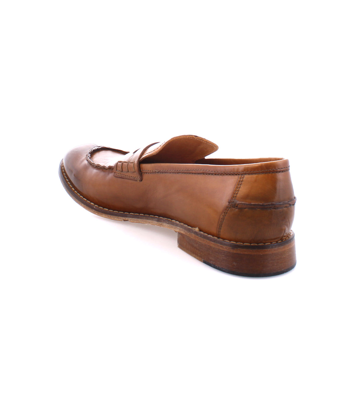 A brown leather Penny loafer with visible stitching and a small heel is shown from the back and side angle against a white background. This versatile pair, Time by Bed Stu, handcrafted in Italy, exudes elegance and timeless style.