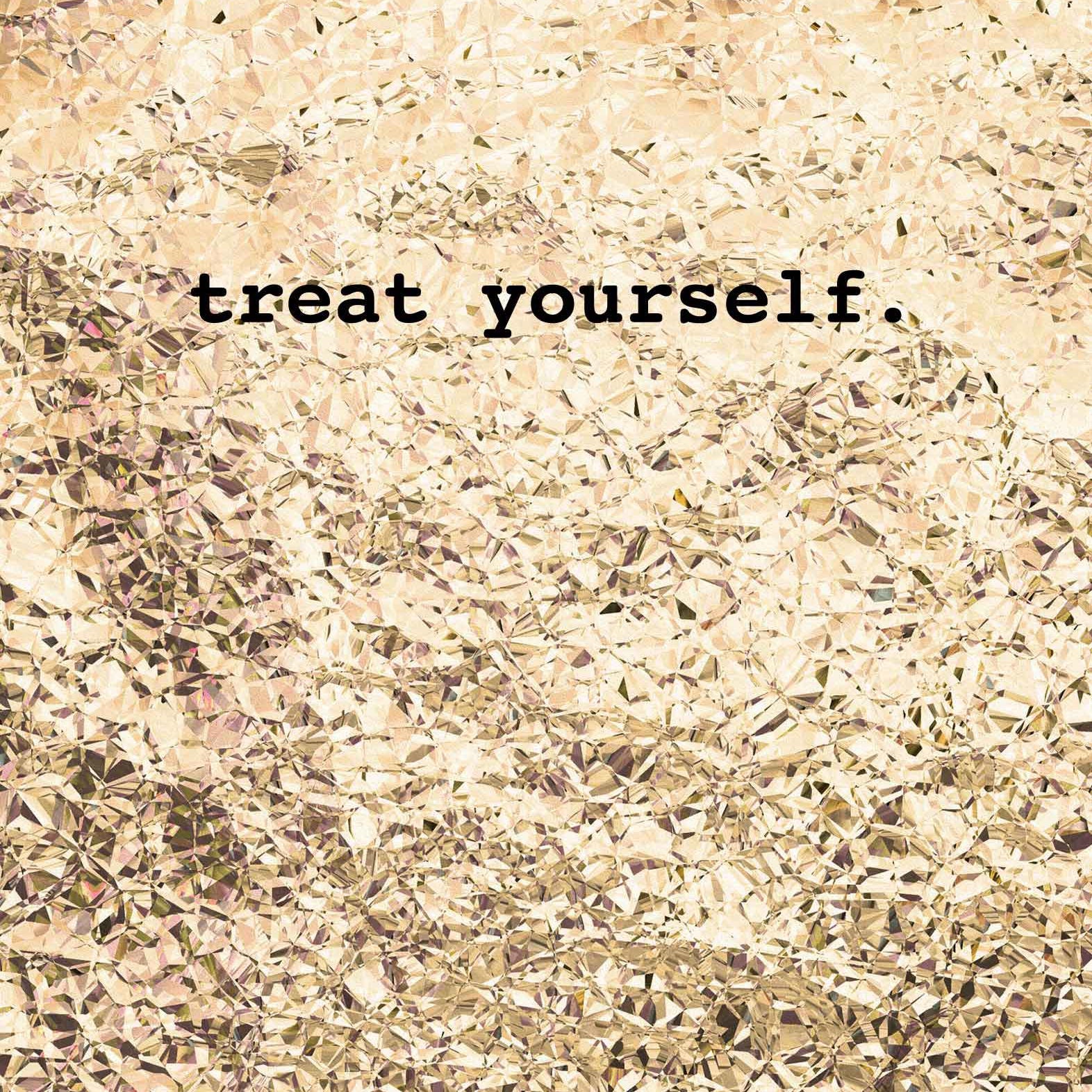 A gold foiled background with the words "Treat Yourself," available as an eGift card on Bed|Stü.com.