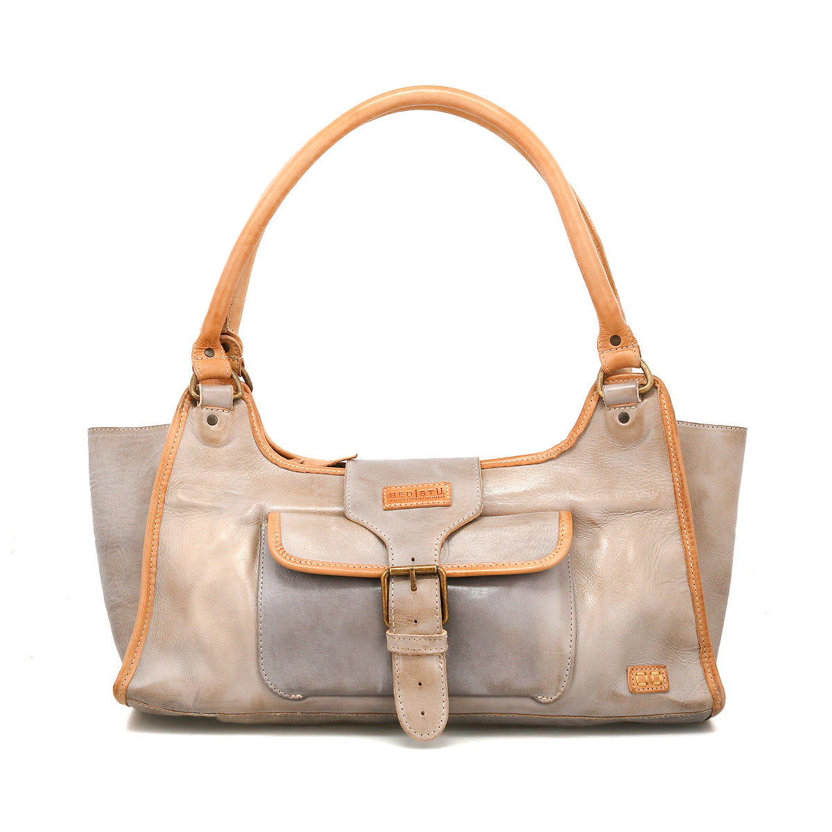 The Bed Stu Unbending is a beige washed leather shoulder bag with tan handles, trim, a front pocket with buckle closure, and a logo patch—ideal as a stylish work bag.