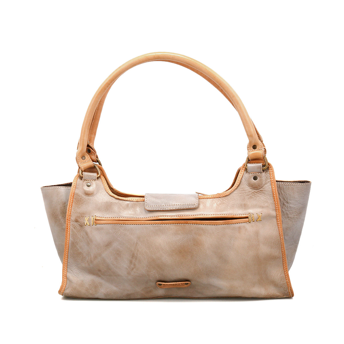 The Bed Stu Unbending is a tan washed leather shoulder bag with dual handles, a front zipper pocket, and a simple design, shown against a white background.