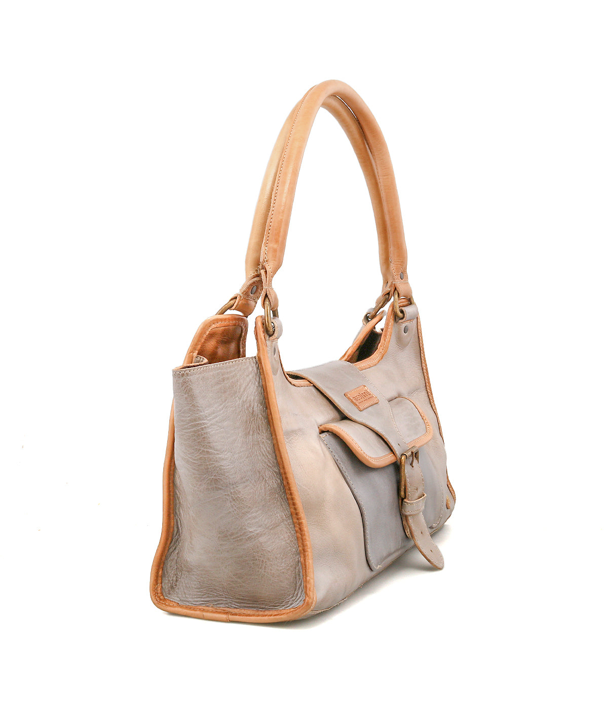 The Bed Stu "Unbending" is a gray washed leather work-bag with tan handles and trim, featuring a front flap pocket and side pocket, displayed against a white background.