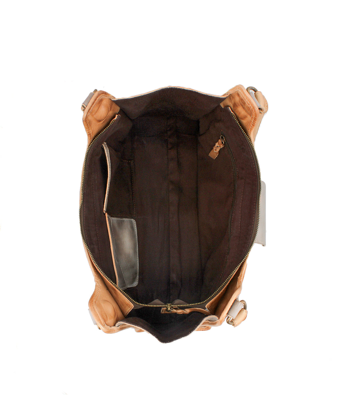 Top view of the Bed Stu Unbending shoulder bag in tan washed leather, featuring a dark fabric interior, zippered closure, and multiple inner pockets, shown against a white background.