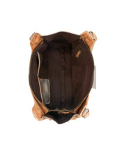 Top view of the Bed Stu Unbending shoulder bag in tan washed leather, featuring a dark fabric interior, zippered closure, and multiple inner pockets, shown against a white background.