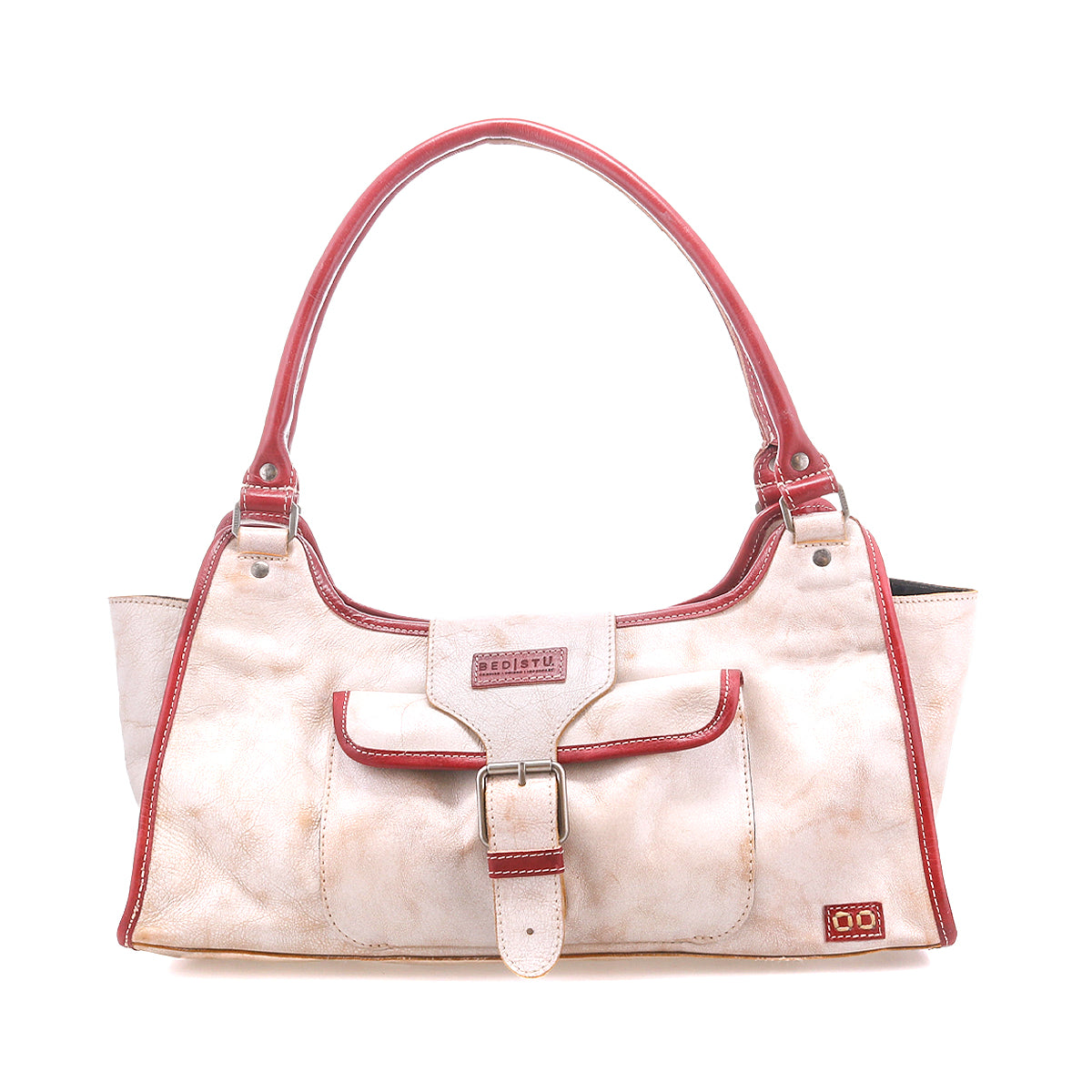 The Bed Stu Unbending is a cream-colored washed leather shoulder bag with red handles and trim, front pocket with buckle detail, and a small rectangular logo patch at the bottom right. Its structured silhouette adds stylish appeal.