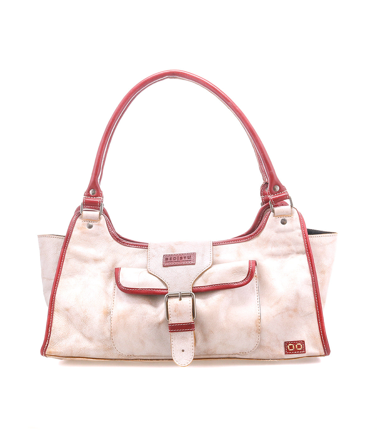 The Bed Stu Unbending is a cream-colored washed leather shoulder bag with red handles and trim, front pocket with buckle detail, and a small rectangular logo patch at the bottom right. Its structured silhouette adds stylish appeal.