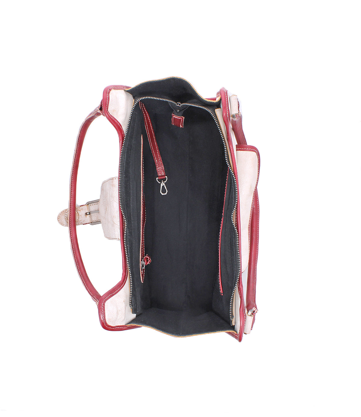 Top view of the Bed Stu Unbending shoulder bag, showcasing a structured silhouette in red and beige washed leather with black lining, an interior zipper compartment, and a key clip.