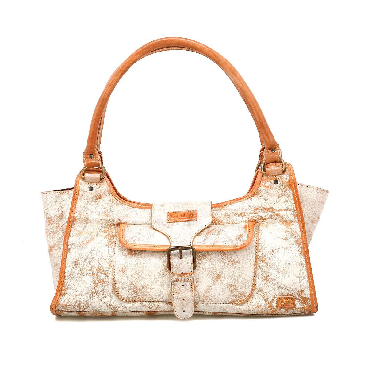The Bed Stu Unbending is a rectangular cream and tan washed leather shoulder bag featuring dual handles, a buckle-front flap pocket, and a distressed finish.