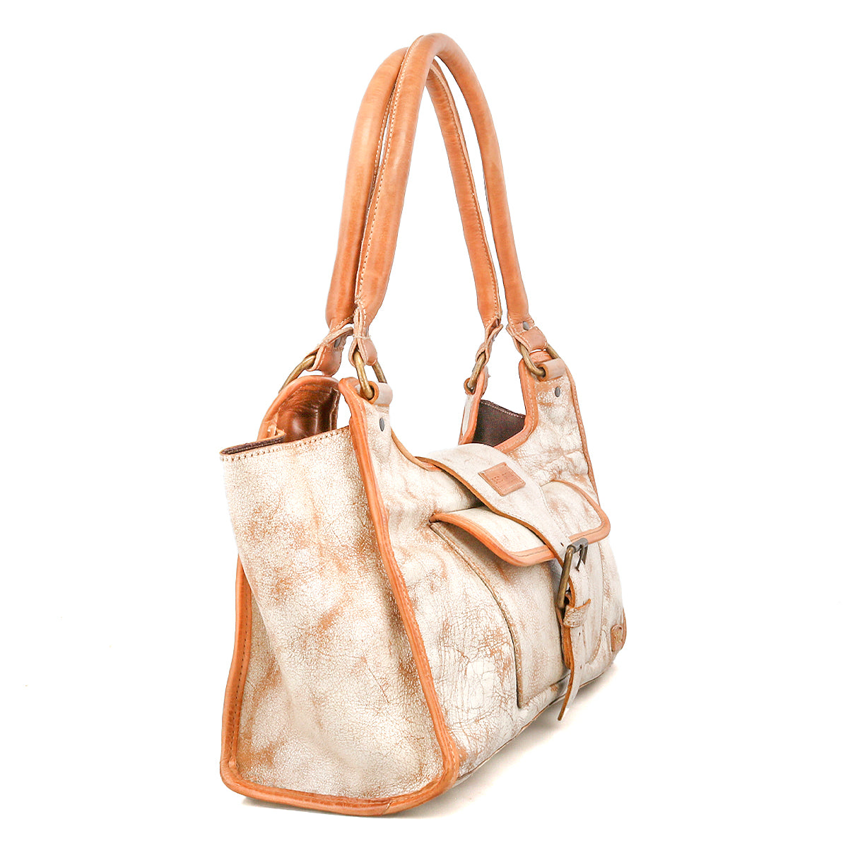 The Bed Stu Unbending is a tan and beige washed leather shoulder bag featuring double handles, side pockets, and a buckle-front flap closure, shown against a white background.