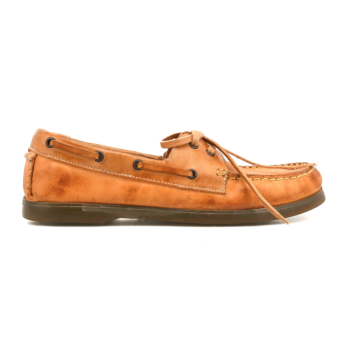 The Uncle Floyd by Bed Stu is a tan leather boat shoe featuring moccasin-style stitching, hand-finished laces around the top, and a flat rubber sole, shown in a side profile for classic nautical style.