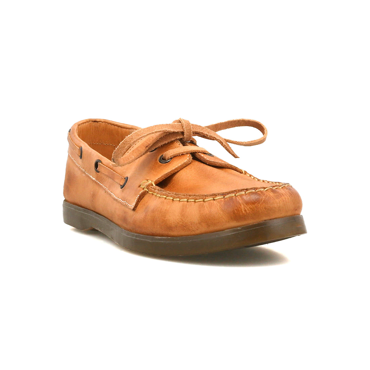 The Uncle Floyd by Bed Stu is a hand-finished tan leather boat shoe with laces, visible stitching, and a flat rubber sole, offering classic nautical style.