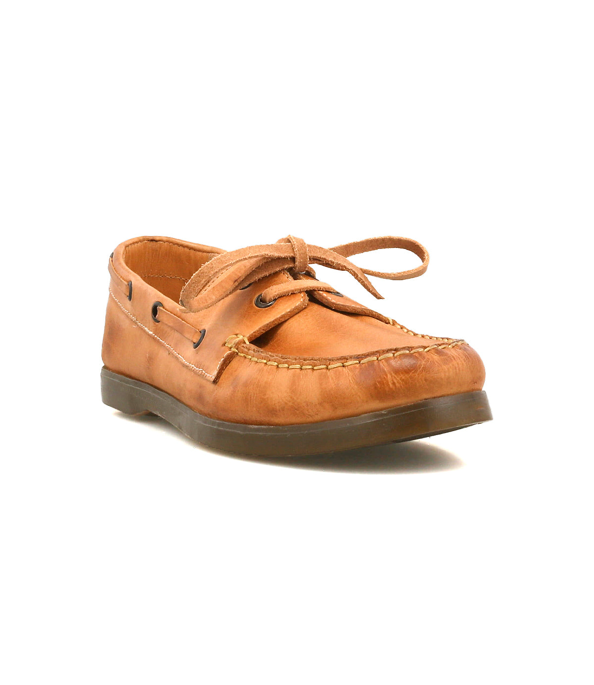 The Uncle Floyd by Bed Stu is a hand-finished tan leather boat shoe with laces, visible stitching, and a flat rubber sole, offering classic nautical style.