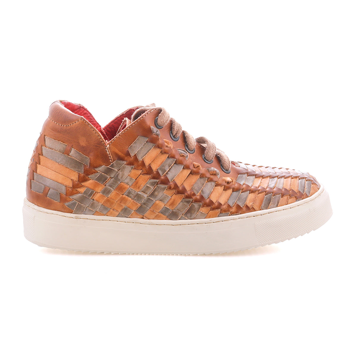 The Unwavering by Bed Stu: brown and tan handwoven leather sneakers featuring a white sole, tan laces, and red interior lining, displayed in a side profile.