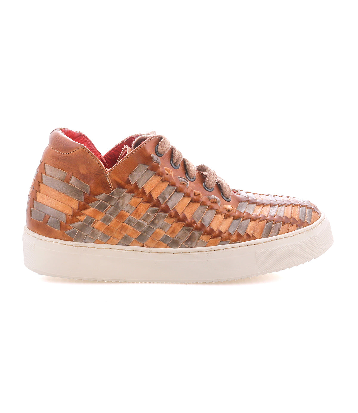The Unwavering by Bed Stu: brown and tan handwoven leather sneakers featuring a white sole, tan laces, and red interior lining, displayed in a side profile.