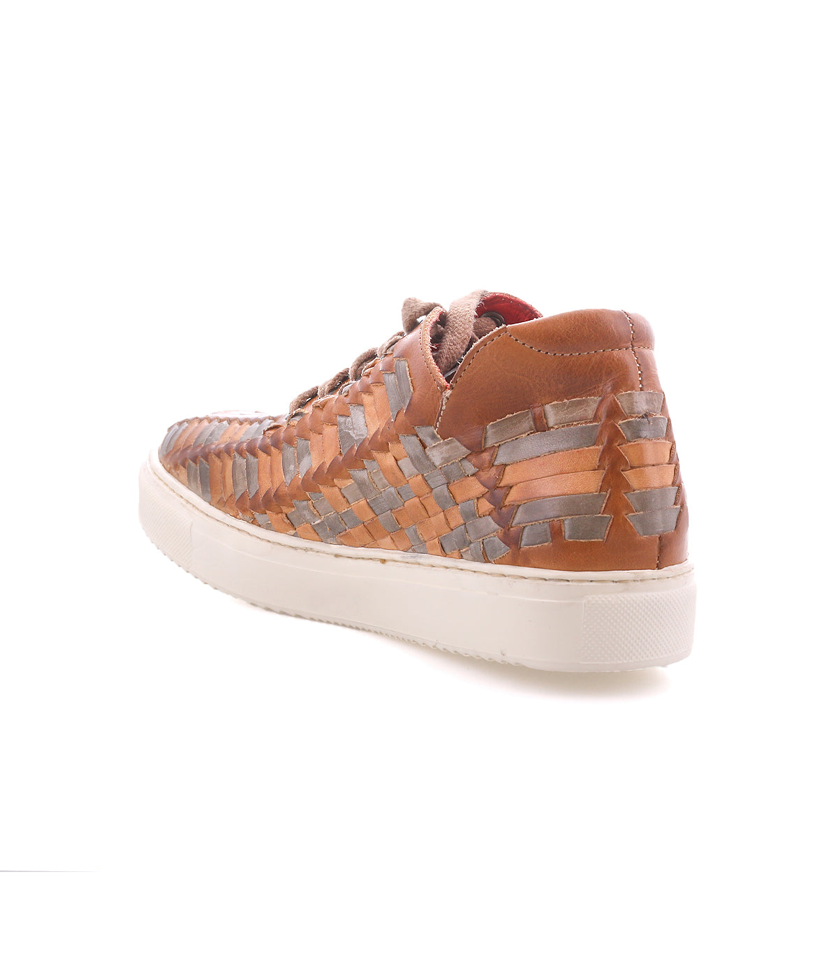 The Bed Stu Unwavering is a single brown and tan handwoven leather sneaker with a white sole, comfortable interior, shown from the upper rear left on a white background.