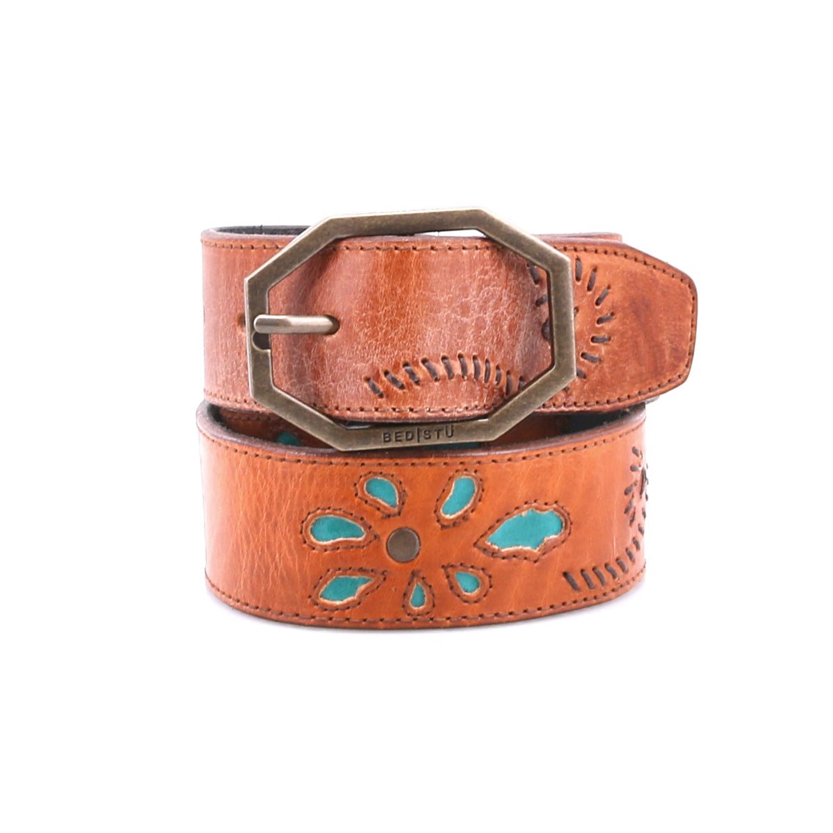 The Bed Stu Upswing II is a handcrafted leather belt with floral cutout designs, turquoise inlays, and a large geometric brass buckle, adding artisanal elegance and detail to any outfit.