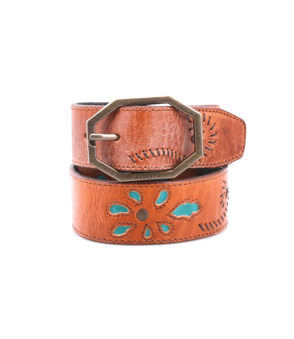 The Bed Stu Upswing II is a handcrafted leather belt with floral cutout designs, turquoise inlays, and a large geometric brass buckle, adding artisanal elegance and detail to any outfit.