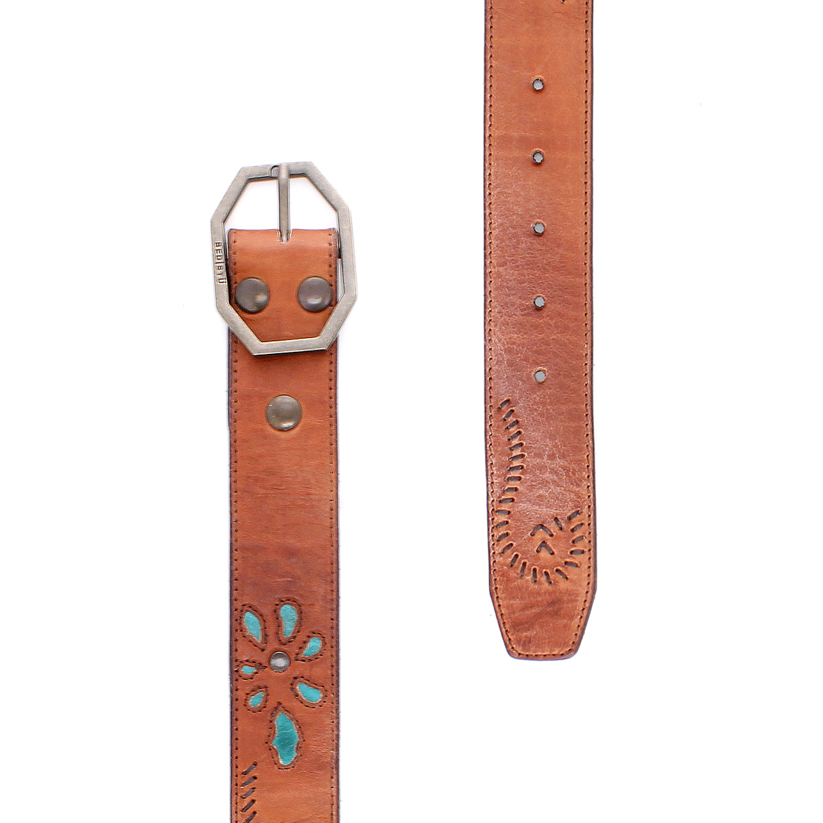 The Upswing II by Bed Stu is a brown handcrafted leather belt featuring a silver hexagonal buckle, turquoise inlay, floral cutout design, stitched accents, and multiple adjustment holes—ideal for adding artisanal charm to any look.