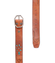 The Upswing II by Bed Stu is a brown handcrafted leather belt featuring a silver hexagonal buckle, turquoise inlay, floral cutout design, stitched accents, and multiple adjustment holes—ideal for adding artisanal charm to any look.