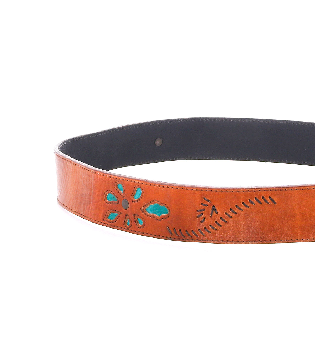 The Bed Stu Upswing II is a handcrafted leather belt with blue and black floral cutout designs, displayed against a white background.