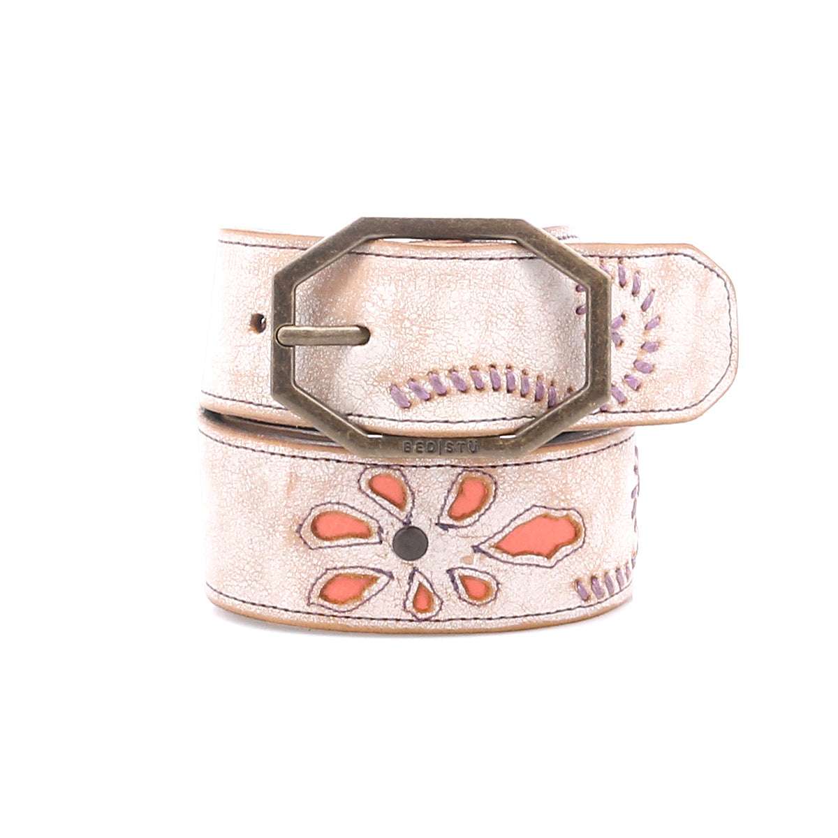 The Upswing II by Bed Stu is a beige handcrafted leather belt featuring a hexagonal metal buckle, floral cutout designs, and orange and purple stitch accents.