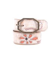 The Upswing II by Bed Stu is a beige handcrafted leather belt featuring a hexagonal metal buckle, floral cutout designs, and orange and purple stitch accents.