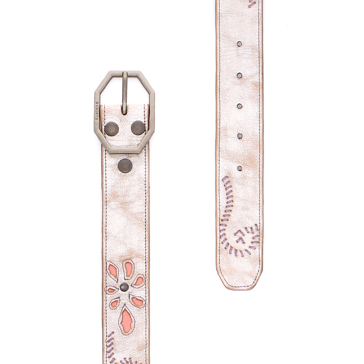 The Bed Stu Upswing II is a handcrafted white leather belt with pink and purple floral embroidery, a hexagonal silver buckle, and multiple adjustment holes.