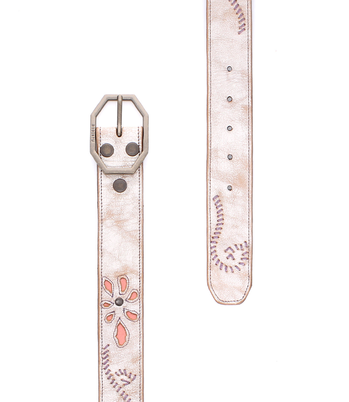 The Bed Stu Upswing II is a handcrafted white leather belt with pink and purple floral embroidery, a hexagonal silver buckle, and multiple adjustment holes.
