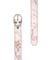 The Bed Stu Upswing II is a handcrafted white leather belt with pink and purple floral embroidery, a hexagonal silver buckle, and multiple adjustment holes.