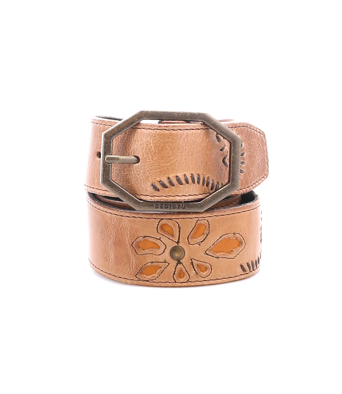 The Bed Stu Upswing II is a tan handcrafted leather belt featuring a floral cutout design, decorative stitching, and an octagonal metal buckle.