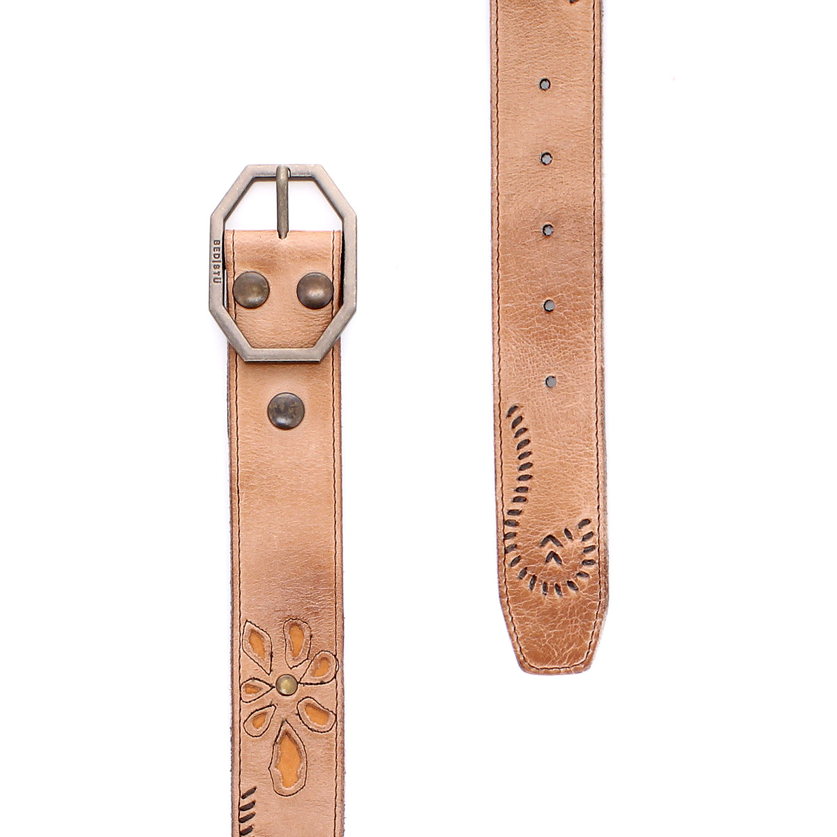 The Bed Stu Upswing II is a light brown handcrafted leather belt featuring floral and decorative embossing, a hexagonal metal buckle, and multiple adjustment holes, displayed from the front and angled end.
