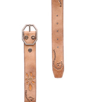 The Bed Stu Upswing II is a light brown handcrafted leather belt featuring floral and decorative embossing, a hexagonal metal buckle, and multiple adjustment holes, displayed from the front and angled end.