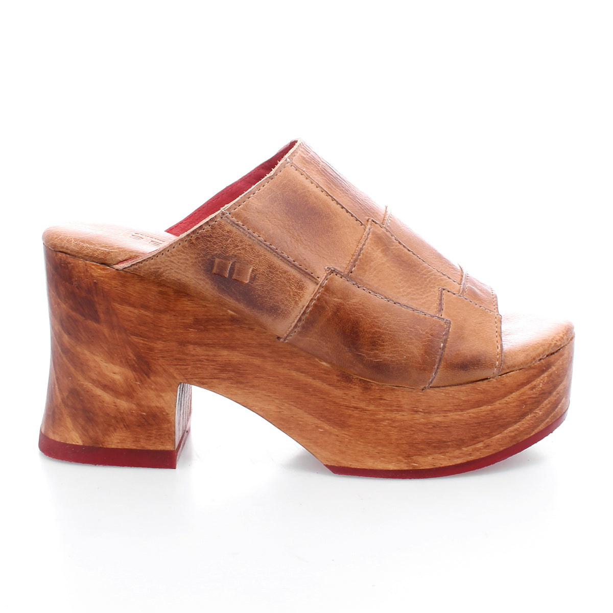 A women's open-toe wooden clog with a red sole by Bed Stu's Vanquish.