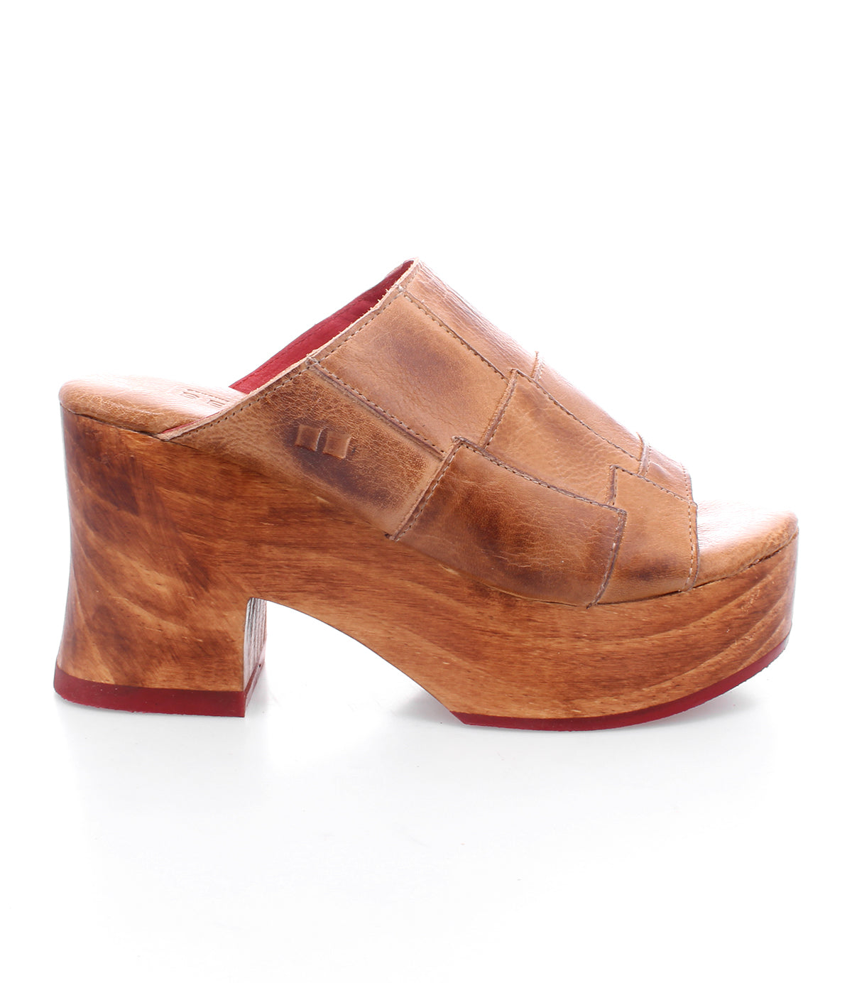 A women's open-toe wooden clog with a red sole by Bed Stu's Vanquish.