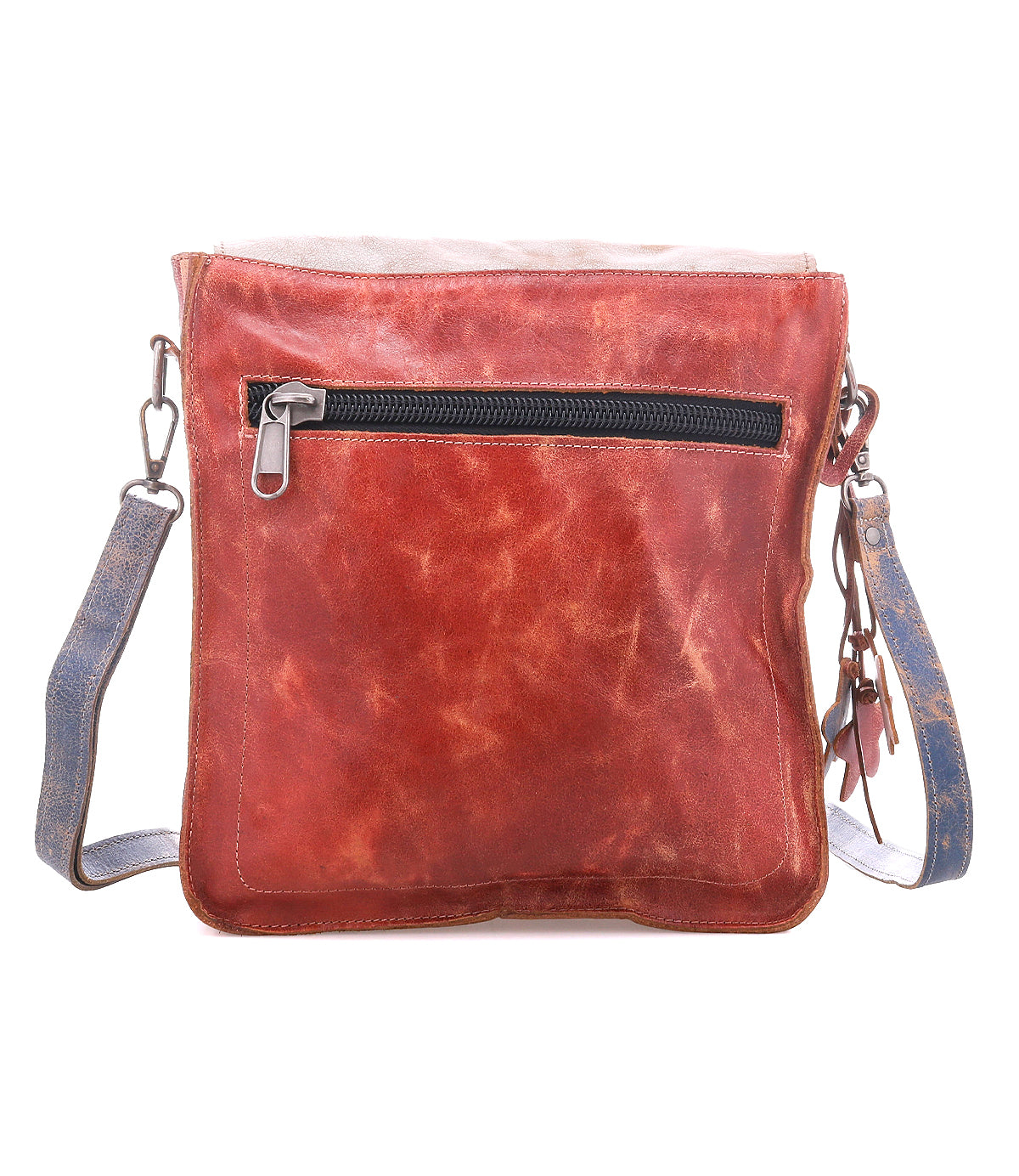 The Bed Stu Venice Beach is a square brown crossbody bag made from full-grain leather, featuring a front zip pocket and an adjustable strap.