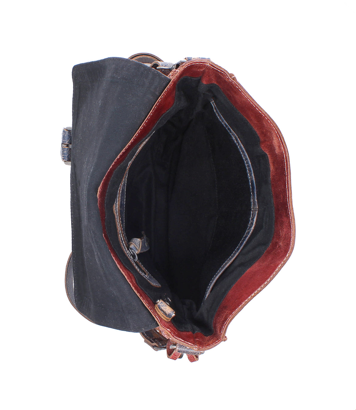 Overhead view of the Bed Stu Venice Beach crossbody bag with a black exterior, brown lining, and multiple compartments. Features an adjustable strap for comfortable wear.