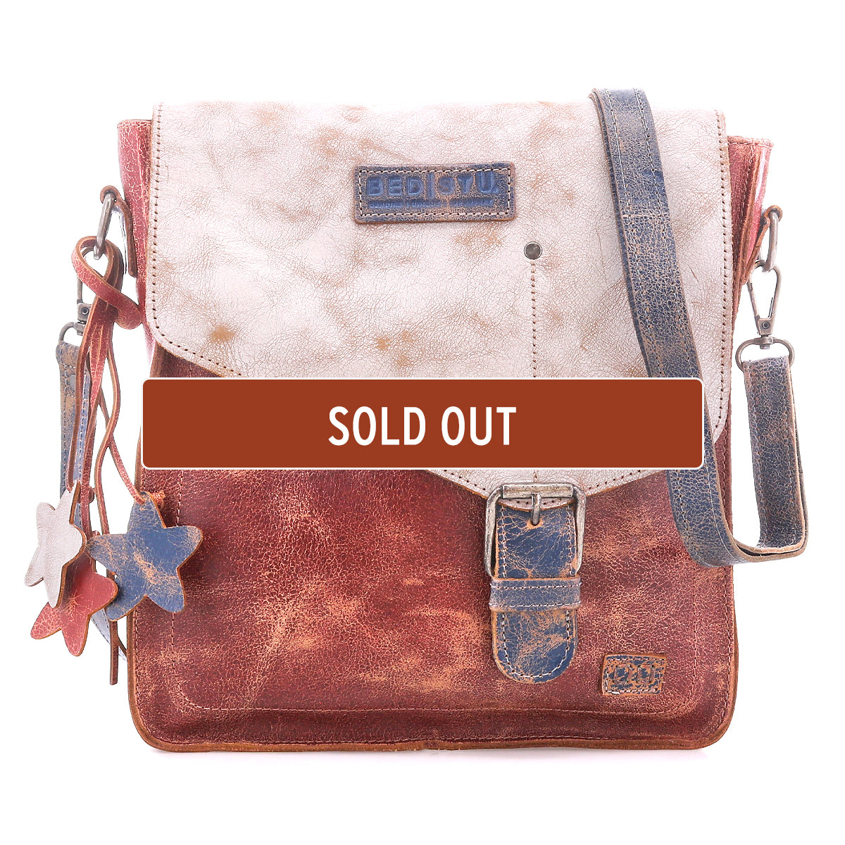 The Bed Stu Venice Beach is a brown and beige full-grain leather shoulder bag with a buckle, star keychains, and adjustable strap. A "SOLD OUT" banner appears across the center.