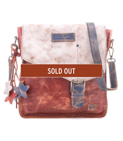 The Bed Stu Venice Beach is a brown and beige full-grain leather shoulder bag with a buckle, star keychains, and adjustable strap. A "SOLD OUT" banner appears across the center.
