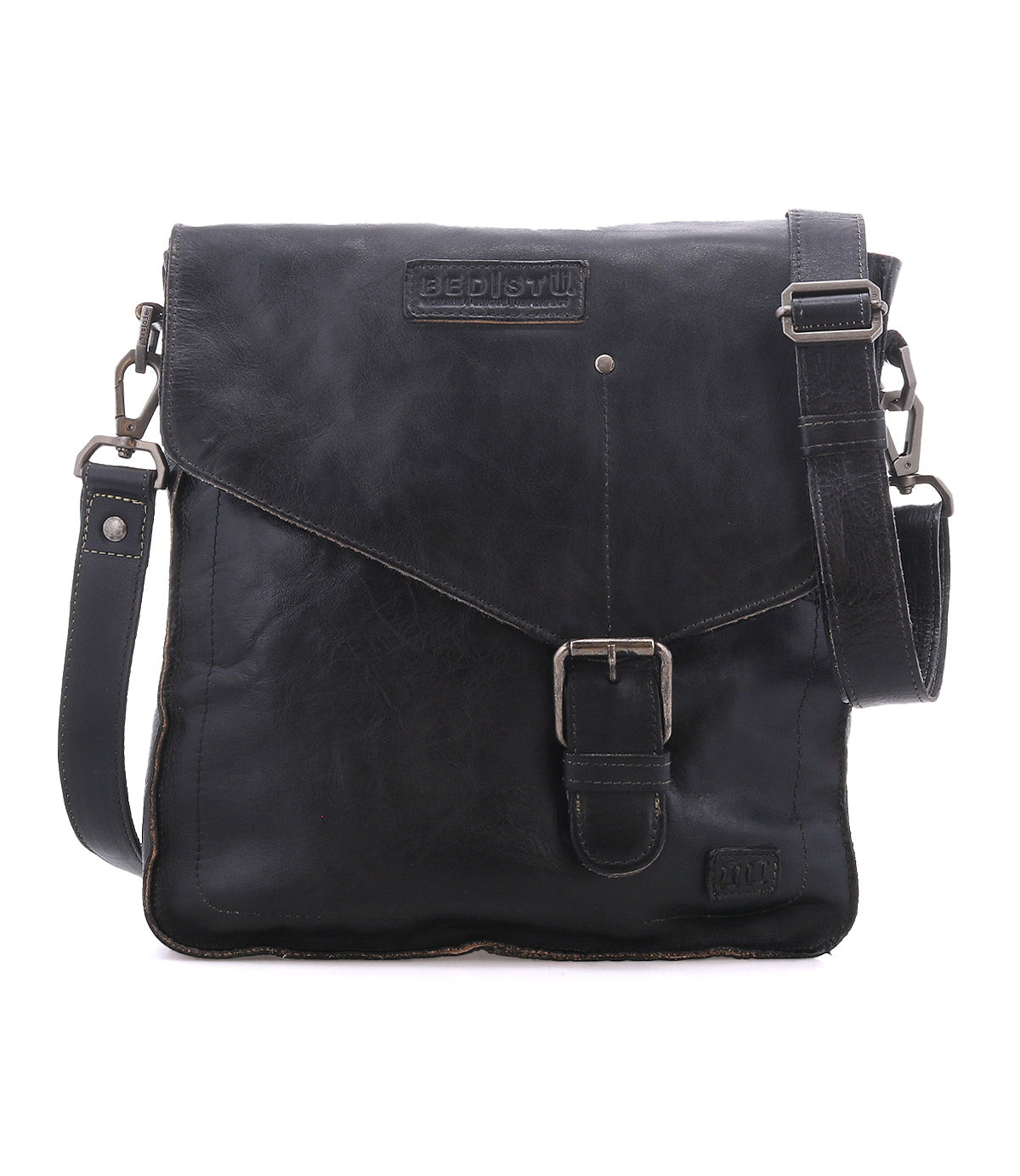 The Venice Beach by Bed|Stü is a black full-grain leather crossbody messenger with a front flap, buckle closure, adjustable strap, and embossed branding.