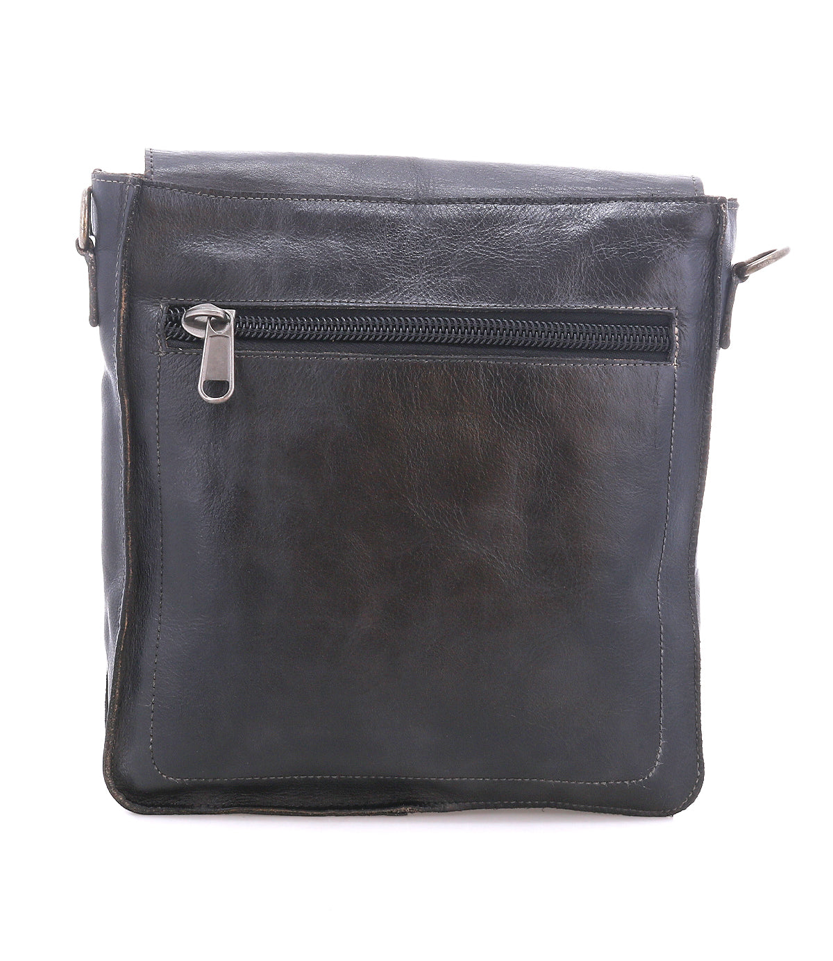 The Bed Stu Venice Beach is a black full-grain leather crossbody bag featuring a front zippered pocket and an adjustable strap, shown against a white background.