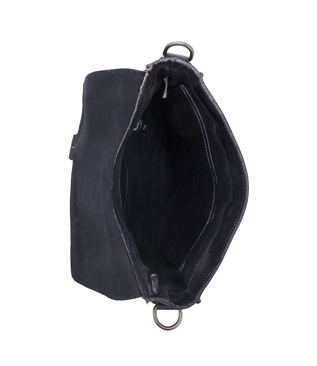 A top view of the Bed Stu Venice Beach crossbody bag in black full-grain leather shows its main compartment, inner zippered pocket, and metal rings at each end of the opening.