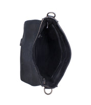 A top view of the Bed Stu Venice Beach crossbody bag in black full-grain leather shows its main compartment, inner zippered pocket, and metal rings at each end of the opening.
