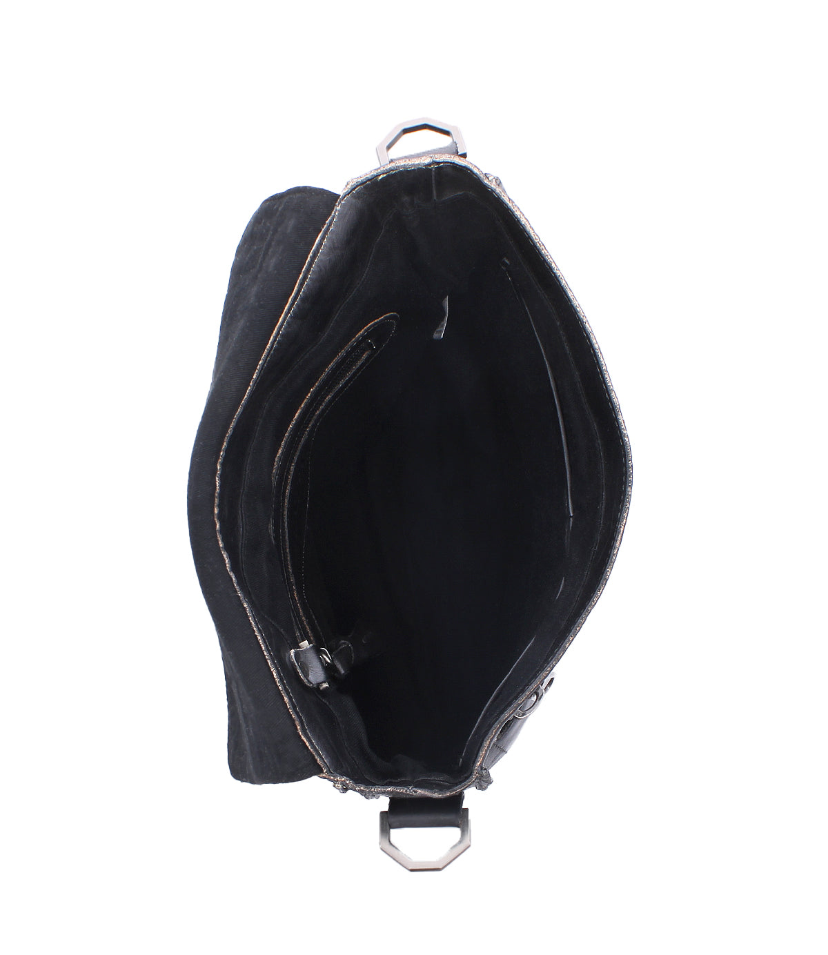 Top view of the Bed|Stü Venice Beach in black full-grain leather, featuring a roomy interior, zippered pocket, and metal clasp closure.