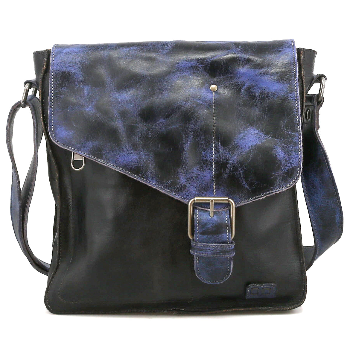 The Bed Stu Venice Beach is a handmade black leather crossbody, featuring a blue marbled flap, secure buckle closure, and adjustable strap—ideal for adding vintage-inspired style to your outfit.