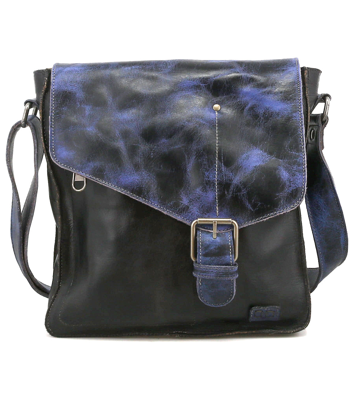 The Bed Stu Venice Beach is a handmade black leather crossbody, featuring a blue marbled flap, secure buckle closure, and adjustable strap—ideal for adding vintage-inspired style to your outfit.