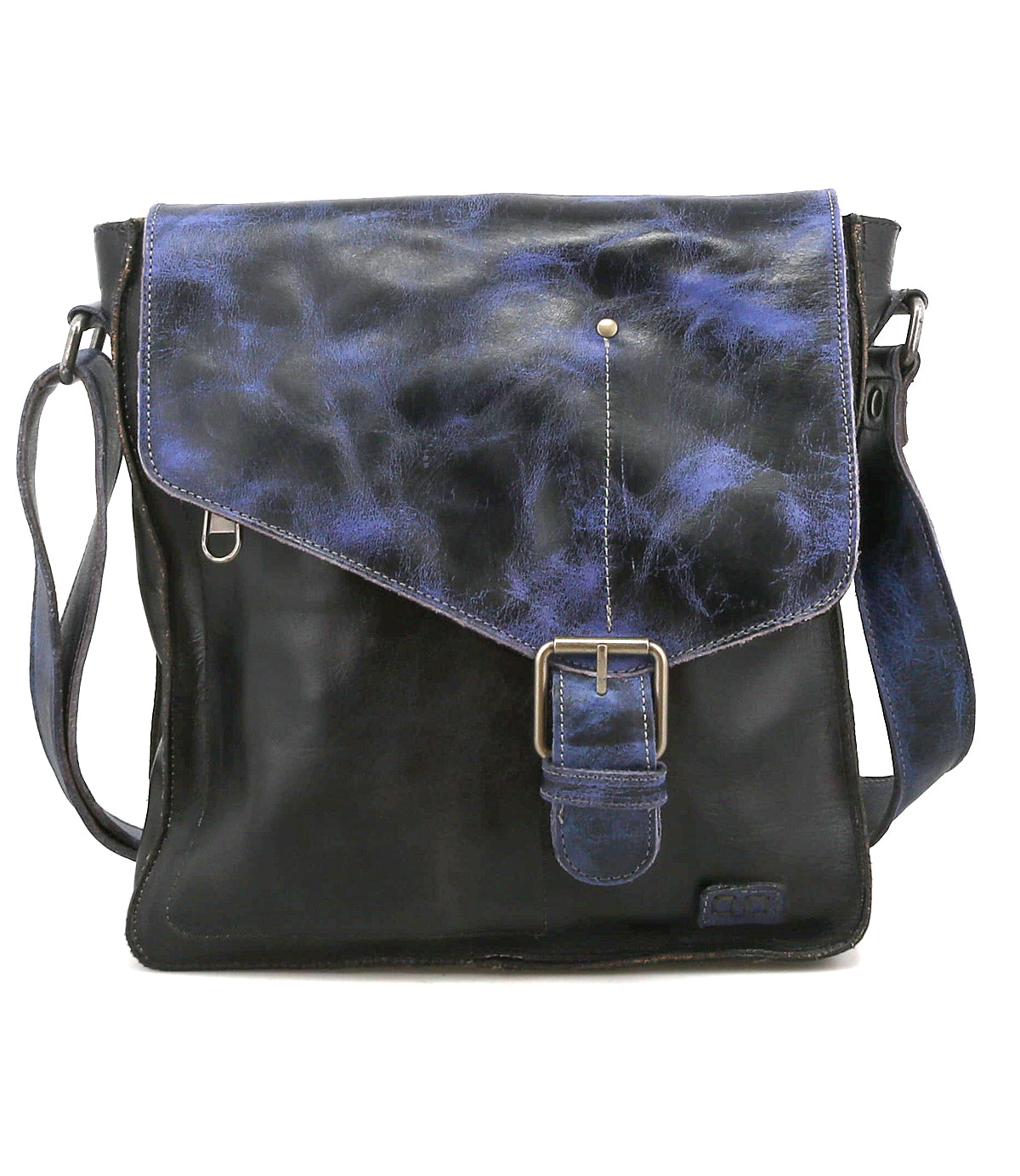 The Bed Stu Venice Beach is a handmade black leather crossbody, featuring a blue marbled flap, secure buckle closure, and adjustable strap—ideal for adding vintage-inspired style to your outfit.