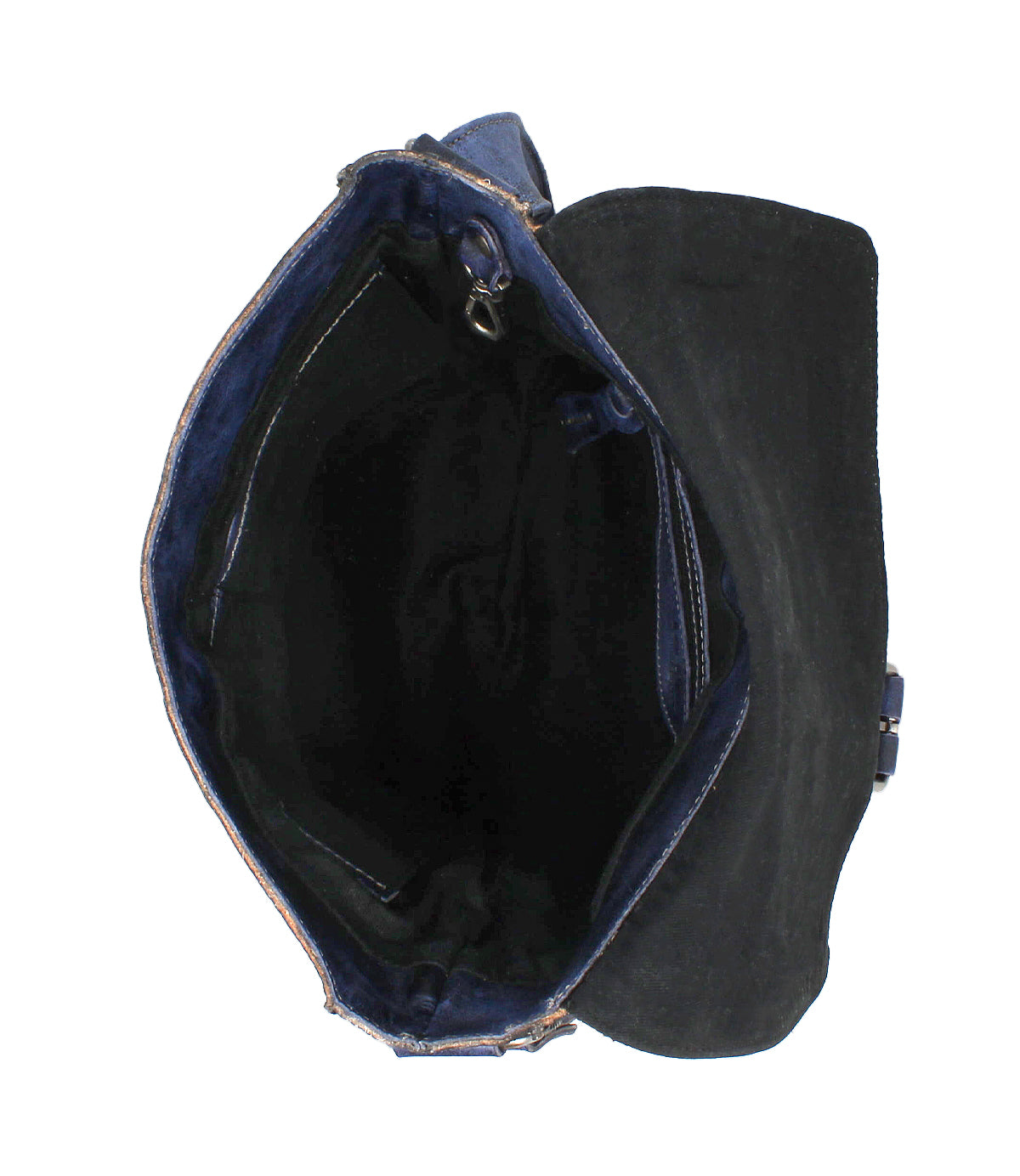 Top view of the Bed Stu Venice Beach handbag in black and blue, featuring a vintage-inspired design with an empty main compartment and interior zipper pocket.