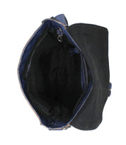 Top view of the Bed Stu Venice Beach handbag in black and blue, featuring a vintage-inspired design with an empty main compartment and interior zipper pocket.