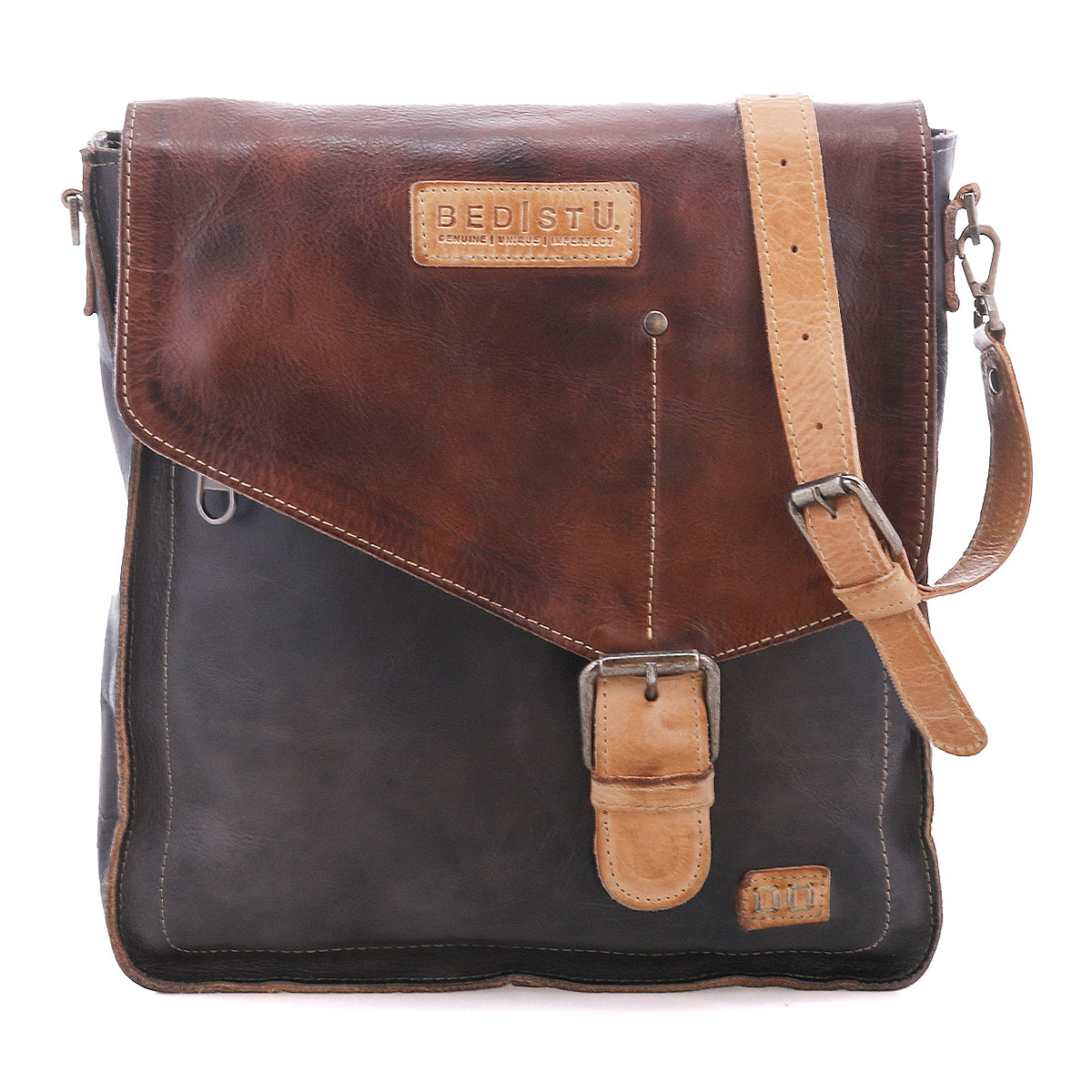 Bed|Stü Venice Beach two-toned full-grain leather messenger bag featuring a fold-over flap, buckle closure, and an adjustable crossbody strap.