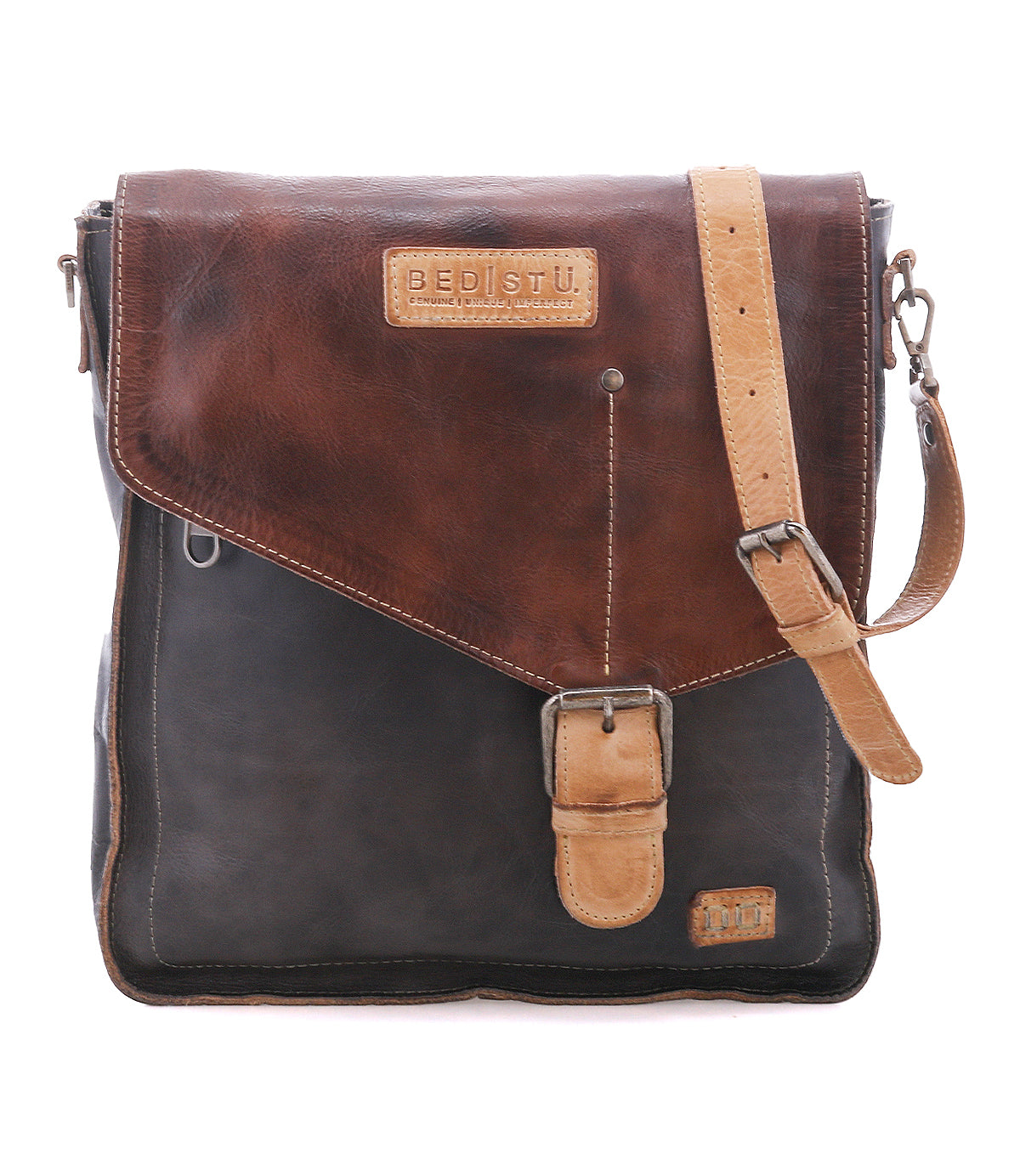 Bed|Stü Venice Beach two-toned full-grain leather messenger bag featuring a fold-over flap, buckle closure, and an adjustable crossbody strap.