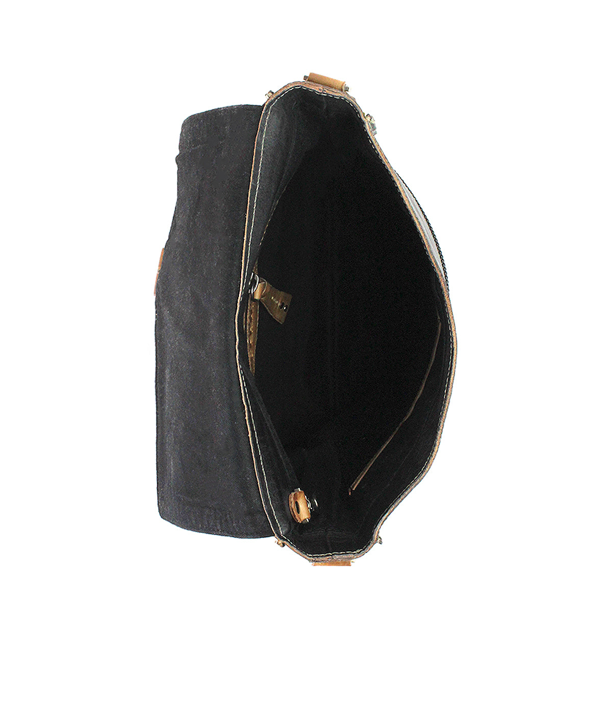Top view of the Bed|Stü Venice Beach crossbody bag in black with tan trim, revealing its spacious full-grain leather interior and a small inner pocket—offering a perfect blend of functionality and timeless style.